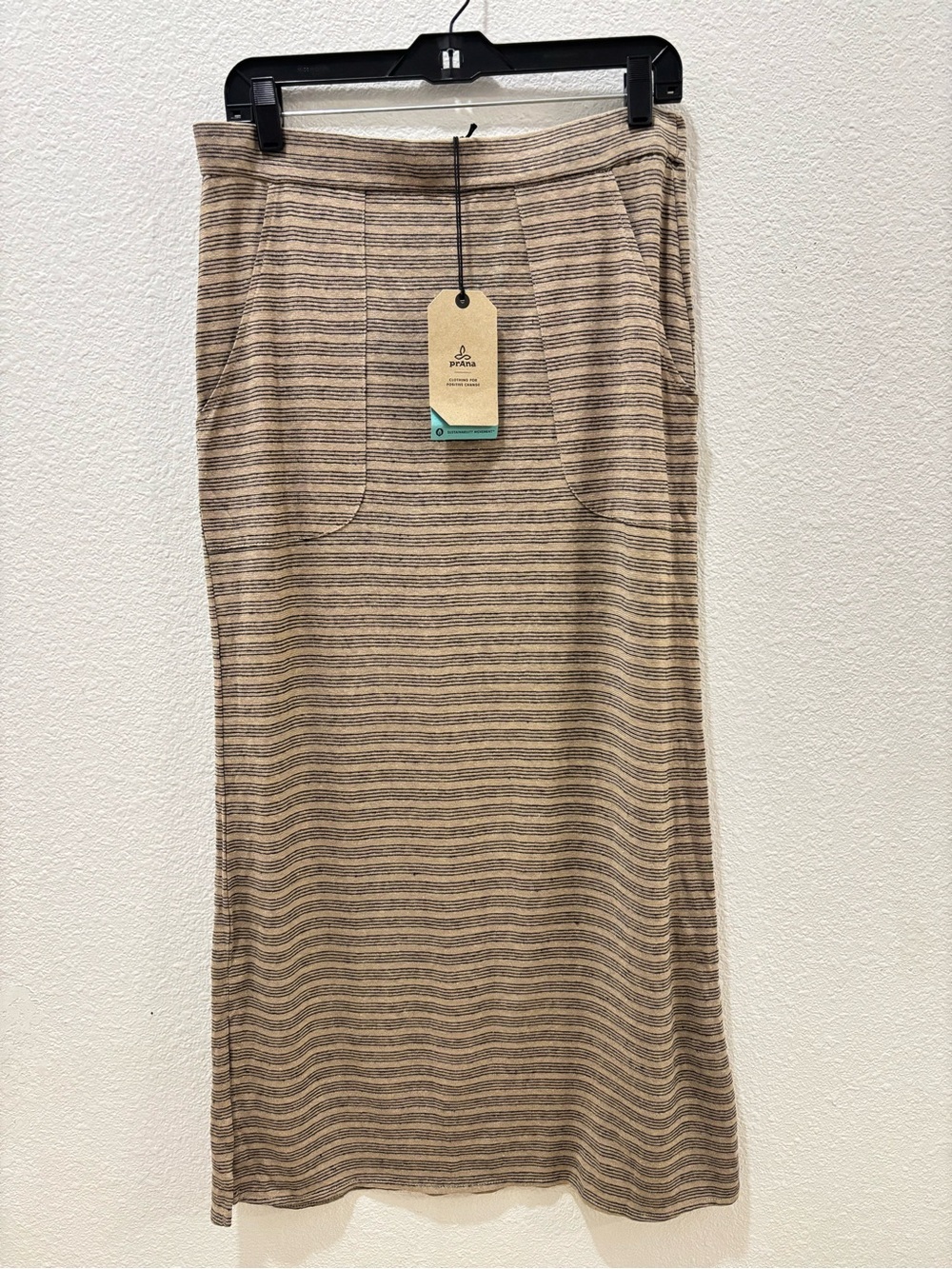 Prana Tulum Maxi Skirt Hemp Organic Cotton Tan Black Striped NEW Size Medium